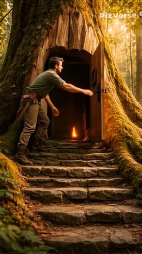 Man Entering the tree trunk cabin ASMR