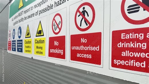 Collection of health and safety warning signs including no smoking and no unauthorised access displayed on a wet outdoor wall