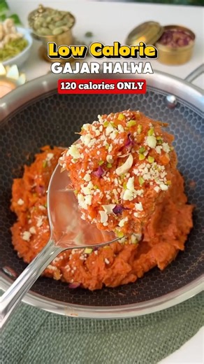 Chef Neha Deepak Shah on Instagram: "✅ Healthy Gajar Halwa ! This needs just 1 tsp ghee. A lighter version that still tastes like winter ❄️🥕 Macros / serve Calories - 118 Calories Protein - 5 g Fiber - 3.5 g This is 5 serves - 500 g Carrots 200 g Low Fat Milk (blend 50 g from this into the paneer) 50 g Low Fat Paneer 1 to 1.5 tsp ghee 30 g Mixed Nuts (almond , pistachio & cashew) Some Saffron (I used the single serve kesar from @urbanplatter.in 🌟 Vishesh Tippani - Cook on low flame & stir it c