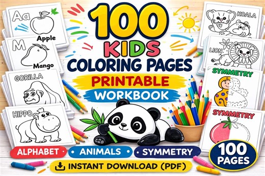100 Kids Coloring Pages Printable Workbook | Animals, Alphabet, Symmetry (PDF) - Etsy