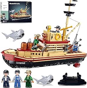 Sluban City Building Set with Shark Toys, Fishing Boat Building Toys with 3 Fisherman Minifigures, Suitable for Adult and Kids, Compatible with Lego, 592 PCS