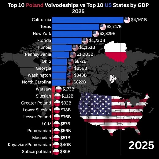 🇵🇱 Top 10 Poland Voivodeships vs 🇺🇸 Top 10 US States by GDP 2025 #gdp2025 #economy #economy2025
