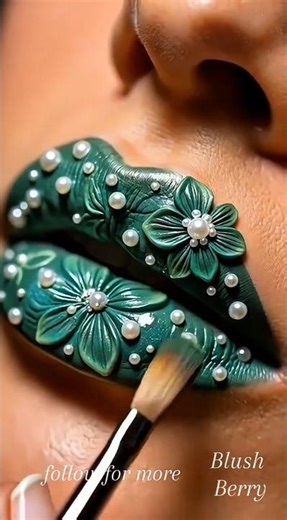 Amazing Lip Art 💚 Green Lipstick Flower Design with Pearl Beads |Satisfying Makeup #shorts #lipstick
