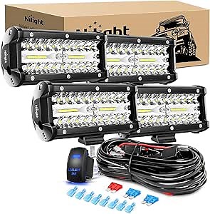 Nilight LED Pods 4PCS 6.5 Inch 120W Light Bar Triple Rows Spot Flood Combo Driving Lights 5Pin Rocker Switch Wiring Harness Kit-4 Leads, 2 Years Warranty (ZH047)