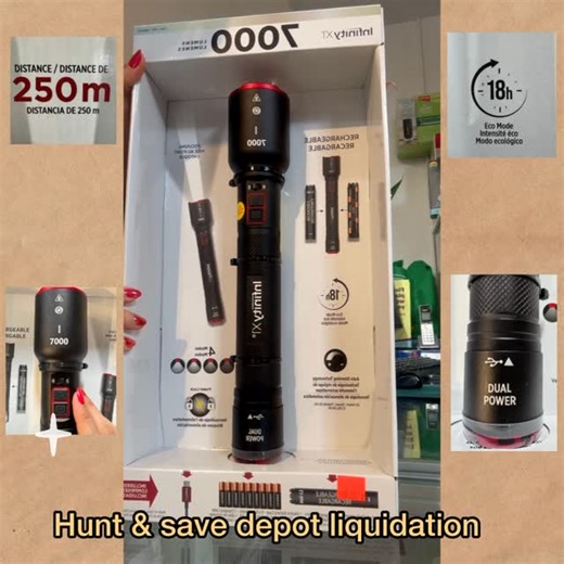 Hunt & Save Depot Liquidation on Instagram: "Introducing the Infinity X1 7000 L Dual Power Flashlight, available exclusively at Hunt & save depot liquidation ! This is our brightest flashlight yet, delivering an incredible 7000 lumens to light up even the darkest spaces. Designed for ultimate versatility, it features a twist-to-focus beam for precision lighting and dual power options, allowing you to recharge or use traditional batteries. With its power lock to prevent accidental use and heat lo