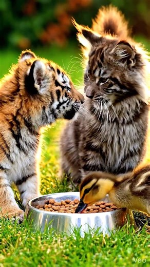 Baby tiger, cat, and duck eating together 🐯🐱🦆