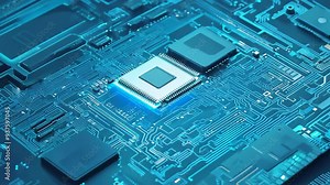 A detailed close-up showcases a computer chip intricately placed on a motherboard, highlighting the complex circuitry and connections that power modern technology.