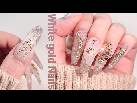 Pretty white gold nail art✨🤍 Polygel Extension / Hologram Magnet / Nails asmr