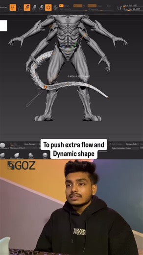 GoZ Masterclass on Instagram: "Quick trick to sculpt dynamic tail . Step1-Start blocking box Step2- sculpt primary forms ( with dynamesh on ) Step3-no subdivisions Step4- select move tool ( hold + cntrl - drag )- release cntrl - drag till your desire length Step5- add taper Step6- add bend curve Step7- modify accordingly Done !!! . . . . #sculpting #zbrush #3dmodeling #digital #gameart # #3d #monster #creature"