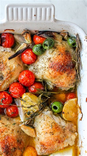 Abigail | Cooking in NY on Instagram: "Comment “DINNER” to get this recipe sent to your DMs ✨ One of my favorite easy one pan dinners that is full of flavor and just cozy this time of year - this is my simple chicken provencal which is essentially roast chicken cooked with cherry tomatoes, olives, vermouth, garlic, shallots, lemon and lots of herbs. The chicken gets so tender with crispy skin and the veggies catch all the flavor on the bottom. This would also be good if you threw in some baby po