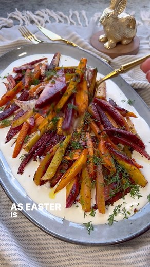Lemon Garlic Dijon Roasted Carrots over Yogurt Feta Sauce- a must for your Easter Menu! Ingredients: 1.5 lbs rainbow carrots 1/4 cup olive oil 1 tbs @greypoupon Dijon mustard 1 tsp salt 1 lemon, juiced and zested 3 garlic cloves Black pepper 1 tbs fresh dill 1 more tbs for garnish 1 tbs fresh parsley Yogurt Feta Sauce 1 cup @chobani Greek Yogurt 6 oz feta 2 tsp olive oil 2 garlic cloves 1/2 tsp salt Lemon zest, to taste Black pepper Method: 1. Preheat oven to 450 F; 2. Peel and slice your carrot
