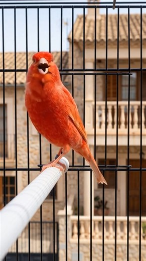 The deep orange-red plumage of this Canary stands out with a fiery intensity against the structured background ​#RedCanary #RedFactorCanary #Canary #Birds #Nature #Wildlife #BirdPhotography #BirdWatching #BackyardBirds | Ranger Canary
