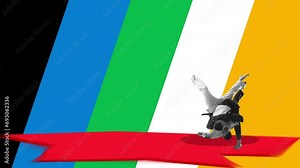 Two men, karate, taekwondo athletes in kimono fighting over multicolored background. Stop motion, animation. Concept of professional sport, competition and match, dynamics. Poster, ad