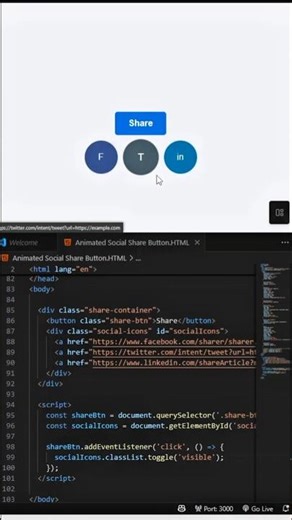 Stylish Social Share Button with Animation. #HTML #CSS #javascript