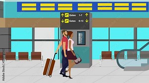 Cartoon Flat animation of Couple walking in the airport with baggage, traveling time