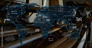 Metal guide rails and motor starting, fading world map and animating data nodes for network flow