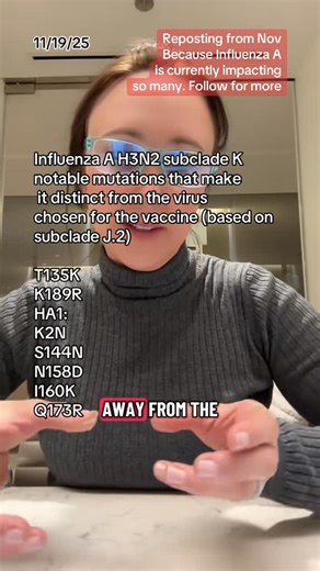 Melanie Matheu, PhD on Instagram: "This is why #influenza is spreading so rapidly. In August during the end of Australia’s flu season several mutations in influenza A H3N2 subclade K showed up, rendering the vaccine infective from preventing infection (it still works for H1N1 and Influenza B) so more people are getting sick and more people are spreading H3N2. The flu vaccine STILL reduces hospitalization and death, making H3N2 more mild if you were vaccinated, especially for children. #flu #heal