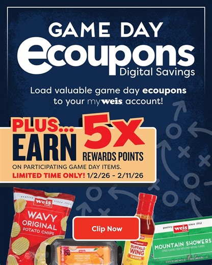 Ready...Set...Clip! 🏈 Get touchdown savings on your favorite game day essentials with eCoupons! Clip Now - https://www.weismarkets.com/coupons/?query=weis | Weis Markets