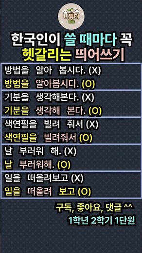 띄어쓰기 99%가 헷갈려서 쓸 때마다 찾아보는 한국어 맞춤법 (부러워하다 vs 부러워 하다/알아보다 vs 알아 보다/생각해보다 vs 생각해 보다)헷갈리는 맞춤법 / 나튜터공방