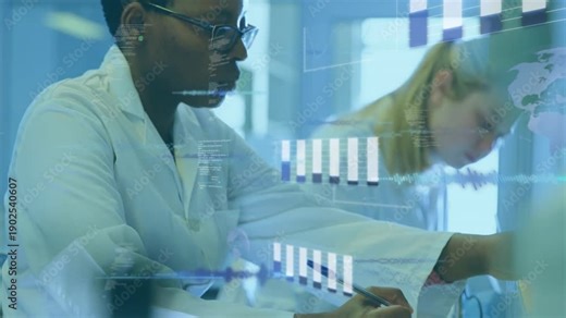 Lead researcher writing notes as partner handling tubes, data bars overlaying lab, logging results