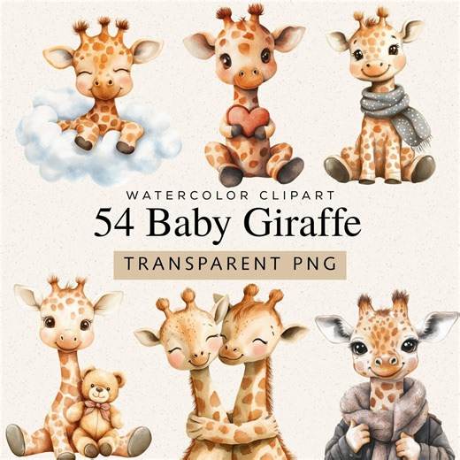 Baby Giraffe Clipart, Adorable Watercolor Animal Art, Nursery Wall Decor Set - Etsy