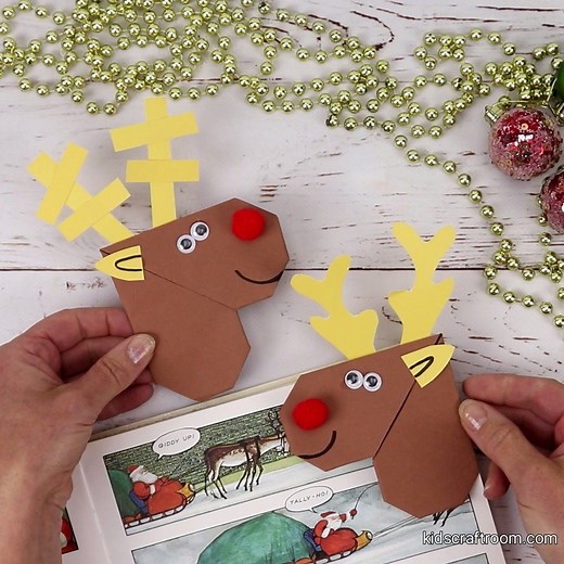 Adorable Reindeer Bookmarks. A fun and super easy first origami craft for little hands. See the full details here: https://kidscraftroom.com/easy-origami-reindeer-corner-bookmarks/ | Kids Craft Room