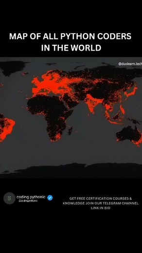 AI agent · Data Science · Web · Apps on Instagram: "A visual map of all Python coders worldwide would likely be a data visualization representing the distribution of Python developers globally, based on metrics like GitHub contributions, Stack Overflow activity, job postings, or user surveys. Here's how such a map might be conceptualized Key Features: 1. Heatmap Design: A global map with "hotspots" in regions with a high density of Python developers (e.g., the U.S., India, China, Europe). 2. Int