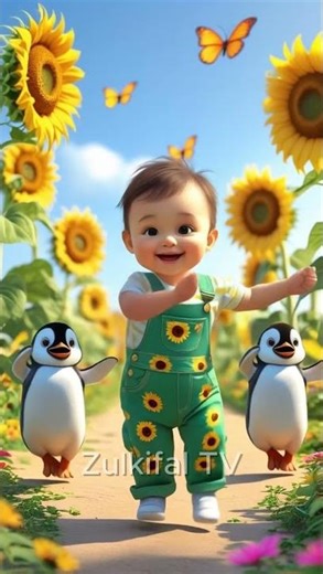 Sunflowers field baby and penguins dancing #viralvideo #funny #catvideos #cartoonvideo