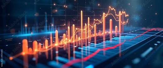 Dynamic financial data visualizations animate across a digital interface, with a slow camera pan capturing the glowing charts and graphs in a futuristic, cinematic style.