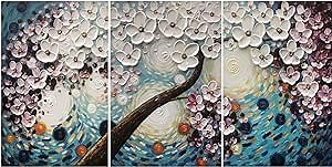 Dyi-Inn Art 3 Piece Wall Art Paintings Artwork 3D Sets Oil Painting Hand-painted on Canvas Knife Thick Texture Flowers Abstract Painting for Living Room Decor