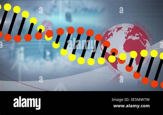 Animation of dna strand and globe over blurred background. Global business, finances and digital interface concept digitally generated video.
