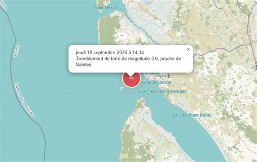 Charente-Maritime: un séisme de magnitude 3,6 ressenti dans deux communes