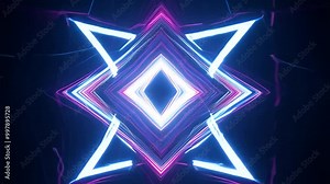 Neon lights are forming geometrical shapes, blinking and changing. Purple and blue colors are flashing on a dark background