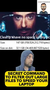 2.7K views · 14 reactions |  Secret Command to Filter out Large Files to Speed Up Your Laptop! ✨ 1️⃣ Click on the Windows Explorer icon. 2️⃣ In the search bar, type 'size: huge' and press enter. Now, all large files will be filtered for you to check and remove if you’re not using them anymore! ️ Follow @computer_geeks for more tips and tricks! #LaptopHacks #WindowsTips #bigfile #computer #pc #laptops | Computer_Geeks | Facebook