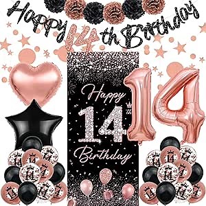 TSVATE Rose Gold 14th Birthday Decorations - Happy Birthday Banner, Backdrop, Balloons, Pompoms & Star Streamers