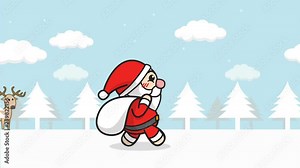 Christmas Santa Claus animation seamless loop. cartoon Santa Claus with gift bag walking in snow forest with winter landscape, snow falling, reindeer at background. merry christmas footage background Stock Video