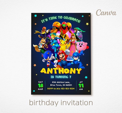 Printable Smash Bros Invitation, Fighting Birthday Invite, Editable Invitation, Girl Birthday, Smash Bothers Party, Video Game Invitation - Etsy