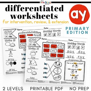 AY (Long A)  Primary Differentiated Worksheets - Activities for Review