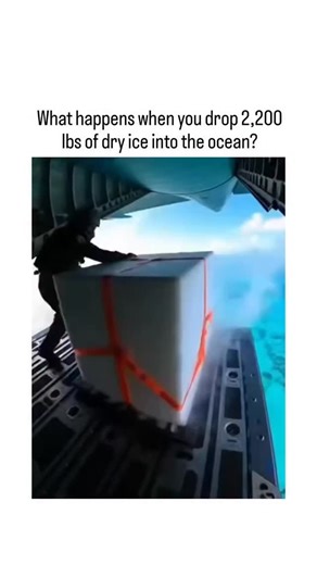 Xploring GPT5 on Instagram: "Instagram depicts a massive dry ice block dropped from an aircraft into turquoise ocean waters, generating an explosive fog plume via rapid CO2 sublimation, though multiple sources identify it as AI-generated for dramatic effect. Dry ice at -108°F sublimes instantly in water, releasing about 8.4 cubic feet of CO2 gas per pound—yielding roughly 553,000 quarts from 2,200 pounds, not the post's overstated 8.98 million quarts, per standard thermodynamic calculations. Rep