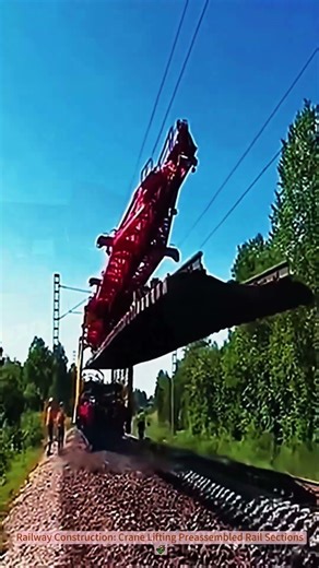 Railway Construction: Crane Lifting Preassembled Rail Sections 🌾