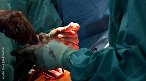 Surgeon hands are operating during the surgery with open heart procedure