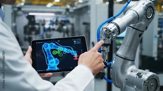 Engineer uses a tablet to control a robotic arm with a 3D model display in a factory.