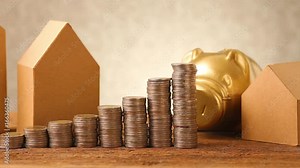 coin stack money and house model with golden piggy bank on table for business finance and banking concept.