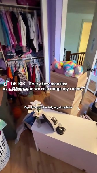She wants to rearrange her room every few months… Me at 9: same. Me at 37: same. 😂 Let’s go girl! Get the vacuum and a trash bag 💁🏼‍♀️