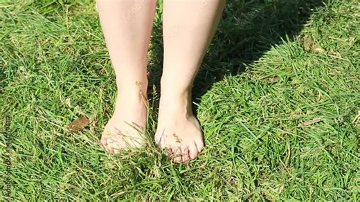 Women's feet, which are barefoot trampling on the young green grass. Top view.