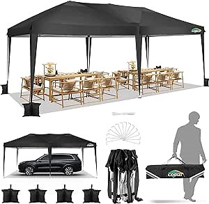COBIZI Canopy 10x20 Pop Up Canopy Tent 10x20ft Waterproof Party Tent Ez Up for Parties Wedding Outdoor Commercial Event Gazebo Portable Instant for Backyard Camping Carport, Black