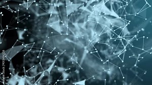 Cg animation, abstract blue background, camera flying through dots and lines, geometric manipulations. Big data, chain block, cryptography, cloud storage, social connections