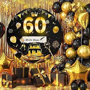 Happy 60th Birthday Light up Sign Party Decorations for Men Black Gold Led Birthday Backdrop Marquee Round Cardboard 2.75ft DIY Frame Background Photo Booth for Him 60 Year Old Party Supplies for Wall