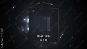 Thallium as Element 81 of the Periodic Table. Seamlessly looping 3D animation on silver illuminated atom design background with orbiting electrons. Design shows name, atomic weight and element number Stock Video