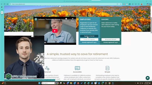 MVM Management on Instagram: "In this video, we walk California business owners through the step-by-step process to register for CalSavers, helping you stay compliant and avoid penalties. ✅ What you’ll learn: How to access the CalSavers website What information you need before registering How to complete the registration correctly Common mistakes business owners should avoid This guide is designed for small business owners, employers, and entrepreneurs in California who want clear, practical sup